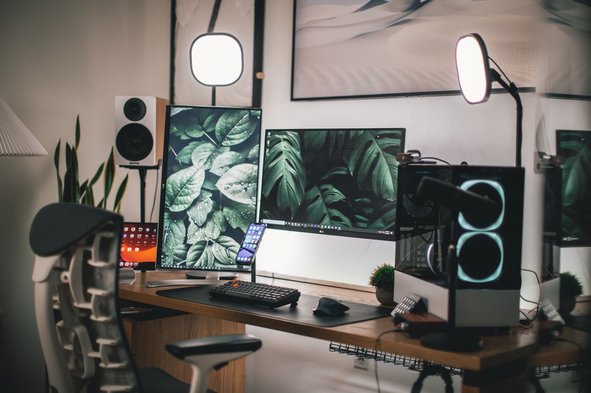Modern workstation with dual audio headset and microphone setup