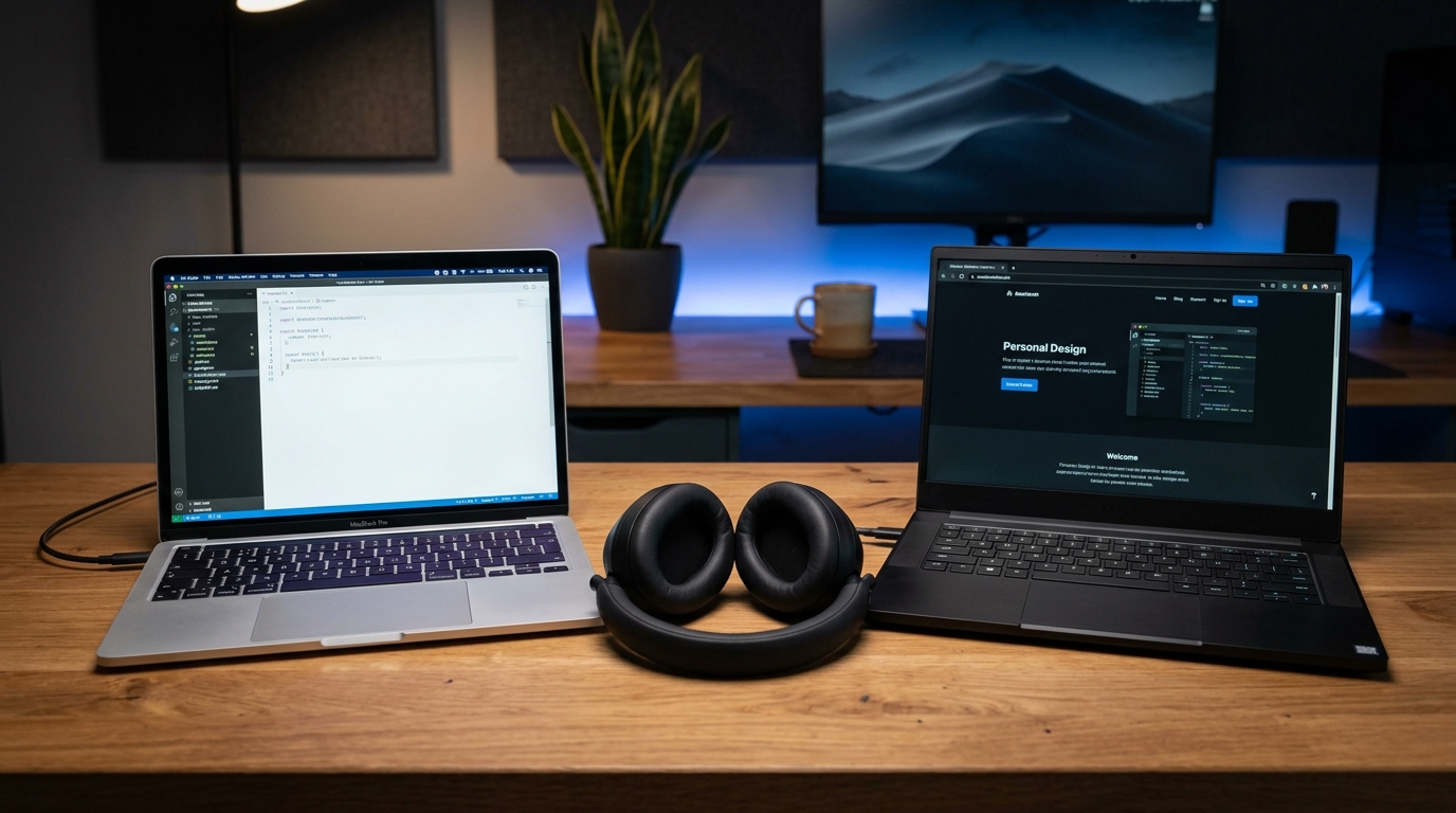 Two laptops side by side on a modern wooden desk with wireless headphones in between